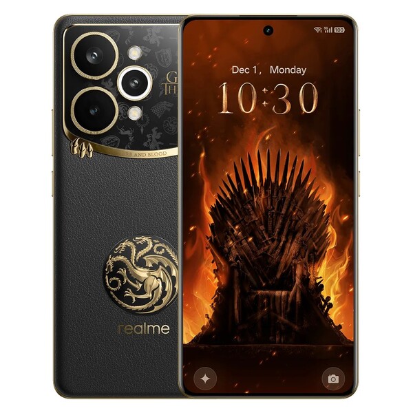 The Realme 15 Pro Game of Thrones Limited Edition has a black leather back and gold accents. (Image source: Realme)