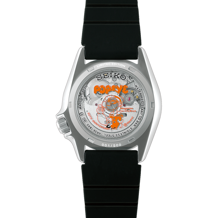 Rear view of the Seiko 5 Sports x Popeye HDB013 showing its transparent caseback with a Popeye anniversary graphic and visible automatic movement.