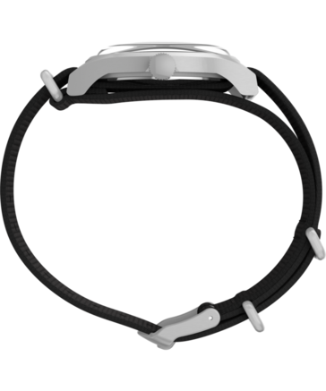 Peanuts x Timex Snoopy MK1 shown from the side angle with the silver case and a black fabric strap.