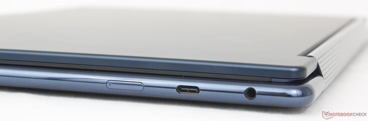Right: Power button, USB-C 3.2 Gen. 2, (10 Gbps) w/ DisplayPort 1.4 + Power Delivery 3.0, 3.5 mm headset