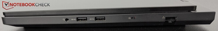 Right: Headset jack, 2x USB-A (5 Gbps), webcam shutter, LAN