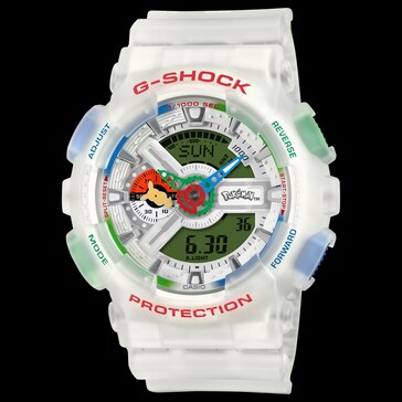 Front view of the Casio G-Shock Pokémon 30th Anniversary GA-110PKM-7A against a black background.
