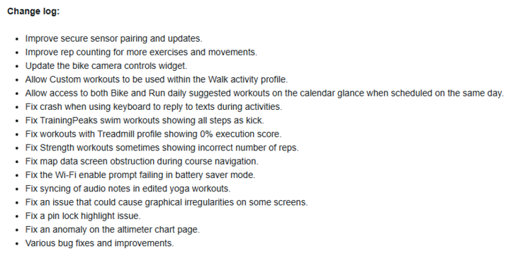 The change log for Garmin Public Beta Version 23.09 for the Forerunner 955 smartwatch. (Image source: Garmin)