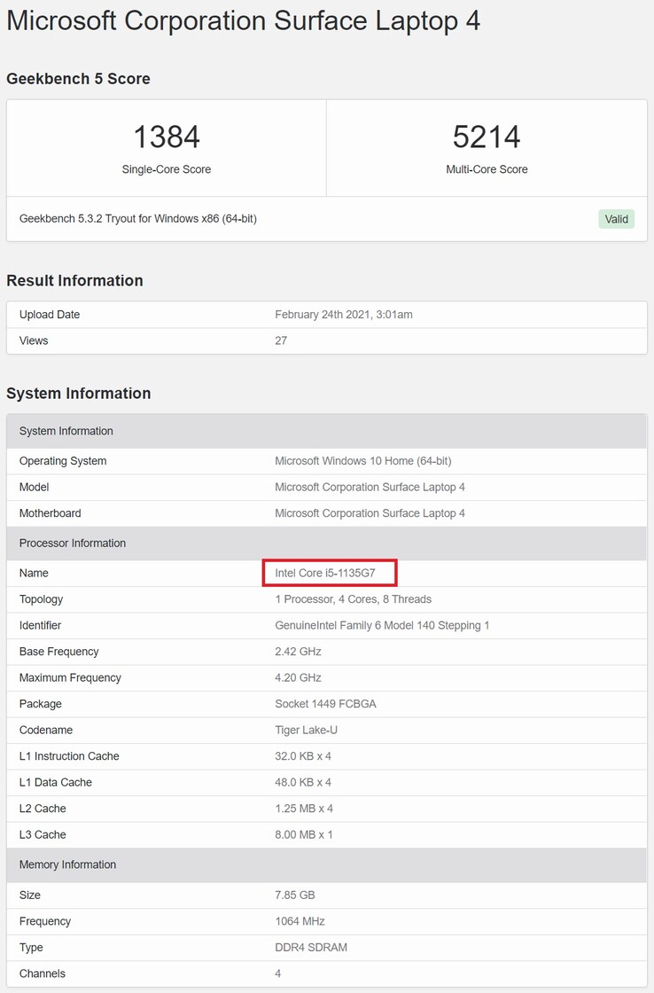 Surface Laptop 4 with Tiger Lake. (Image source: Geekbench)