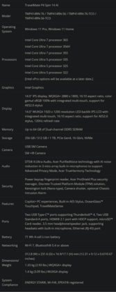 TravelMate P4 Spin 14 AI specs