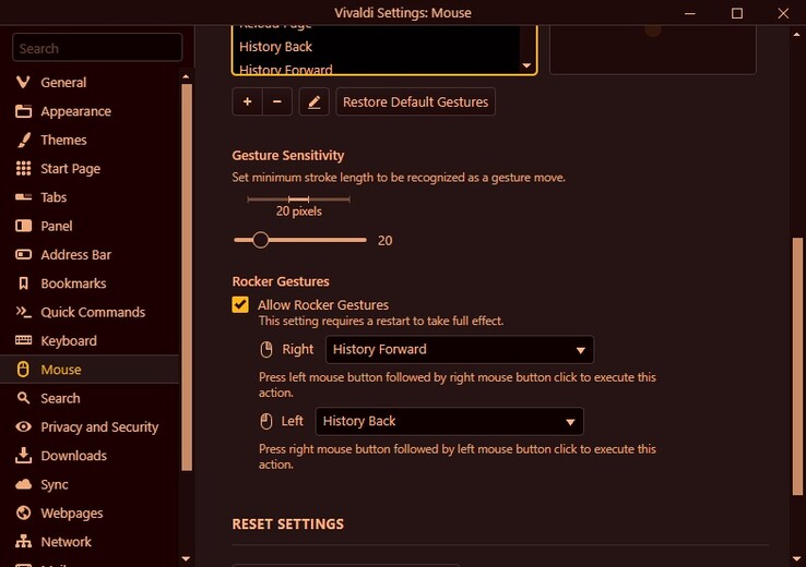 Vivaldi 5.4 rocker gestures customization (Source: Own)
