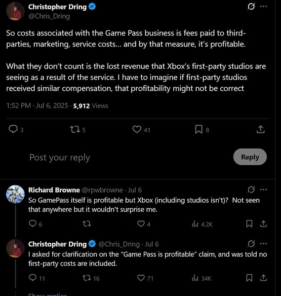 Christopher Dring X post on Xbox Game Pass profitability (Image source: screenshot, Christopher Dring X account)