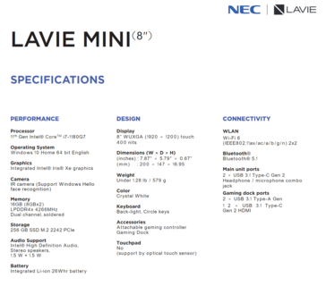 NEC Lavie Mini - Specifications. (Image Source: Lenovo)