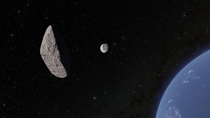 An illustration showing the passage of asteroid 2024 YR4 close to the Moon.  
