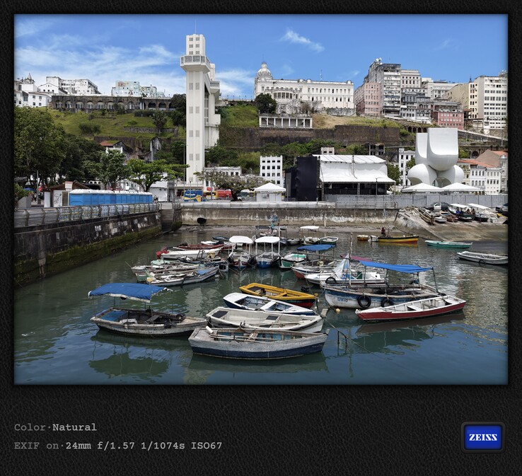 The view from below of Salvador's historic old town, with the Elevador Lacerda in between.