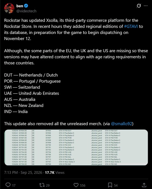 Rockstar Store GTA 6 regional codes shown