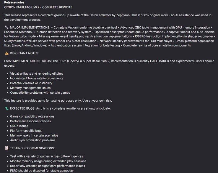 Release notes of the new update (Image source: Citron)