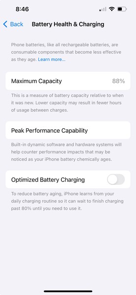 iPhone's 'Battery Health' page showing currently remaining capacity