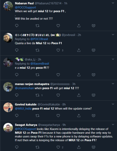Some of the recent complaints about the lack of MIUI 12 for the Pocophone F1. (Image source: Twitter)