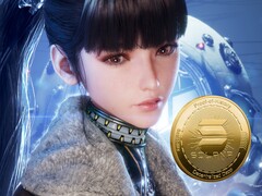 Stellar Blade character Eve next to cryptocurrency (Image source: Shift Up, Amazon with edits)