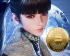 Stellar Blade character Eve next to cryptocurrency (Image source: Shift Up, Amazon with edits)