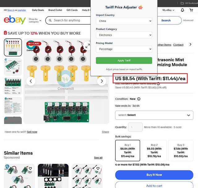 Tariff Price Adjuster in action on eBay