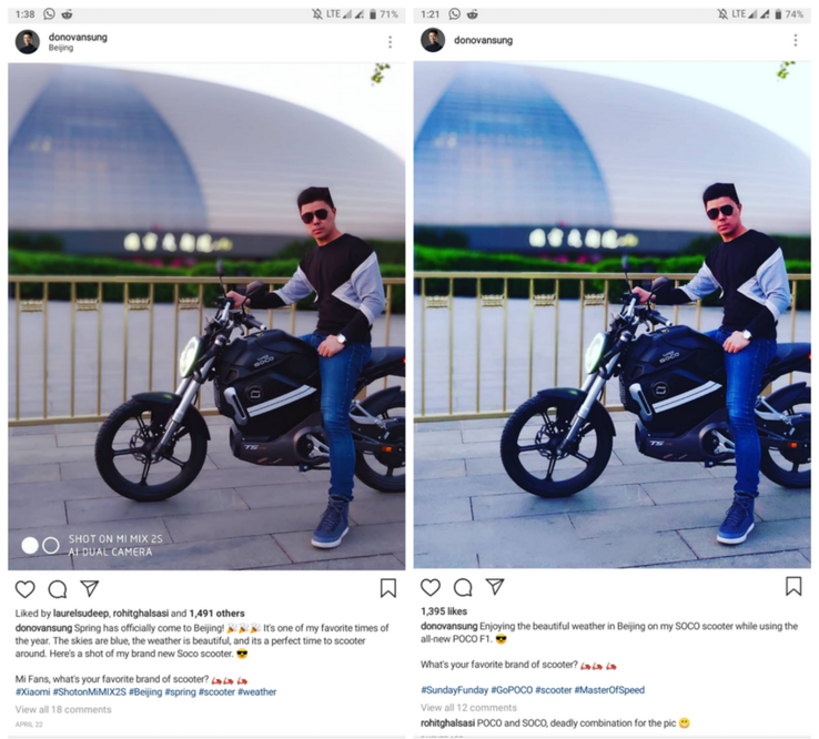 Mix 2S post on the left, Poco F1 on the right. Same image. (Source: Faiso333)