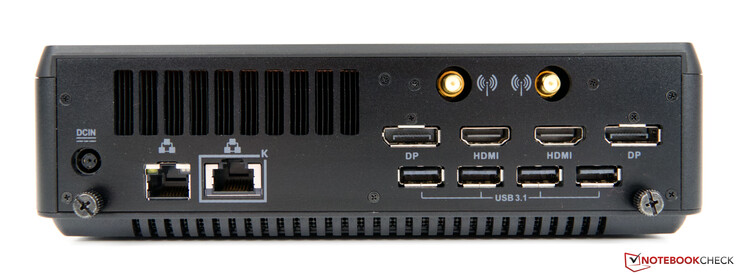 Back: power port, Dual-LAN (1G and 2.5G), 4x USB 3.1 Type-A, 2x DisplayPort, 2x HDMI, 2x WLAN antennas