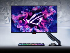 Asus ROG Switch PG27AQDM-R with a keyboard and mouse. (Image source: Asus)