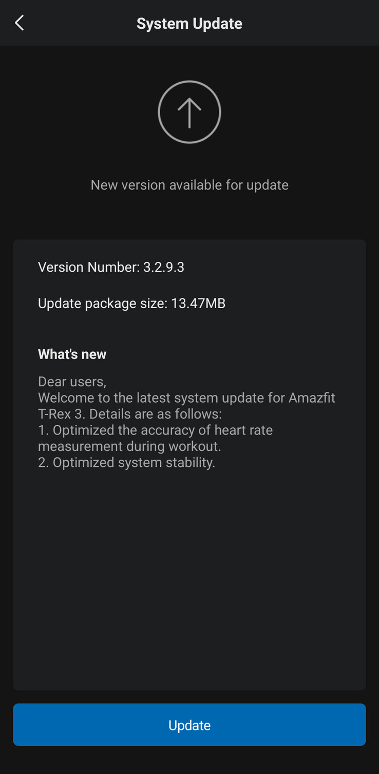 The change log for firmware version 3.2.9.3 for the Amazfit T-Rex 3. (Image source: u/Ech0ke via Reddit)