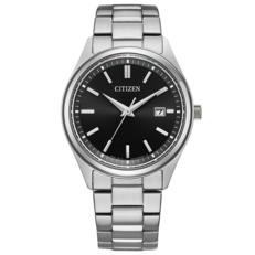Citizen BM1350-54E Eco-Drive dress watch with a black sunray dial, stainless steel case and bracelet, baton hour markers, and a date display at 3 o'clock.