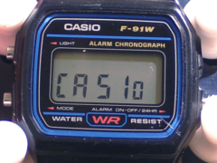 The Casio A158WA (which shares the Casio F-91W’s module) can display &quot;Casio&quot; on the display, as does the newer W-217H. (Image source: Wikimedia)