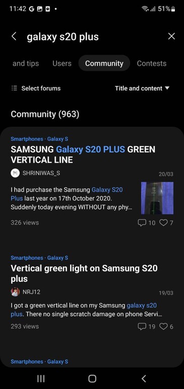 Users complaining about Galaxy S20 Plus display issues on Samsung Members (image via own)