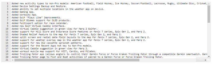 A snapshot of the changelog for Garmin update 14.68. (Image source: Garmin)