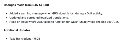 The release notes for Garmin Lily 2 Active Software Version 5.08