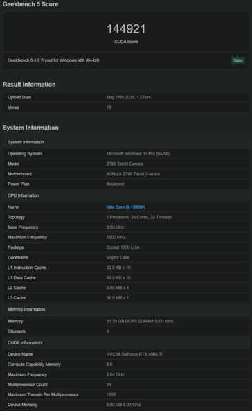 Nvidia GeForce RTX 4060 Ti Geekbench (Image via Geekbench)