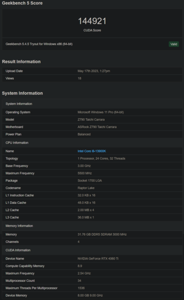 Nvidia GeForce RTX 4060 Ti Geekbench (รูปภาพผ่าน Geekbench)