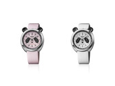 Black subdials form the panda’s eye patches, and the chronograph pushers sit at the top of the case as its ears.