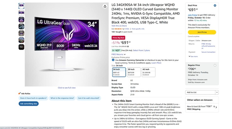The LG 34GX90SA-W has been discounted to $691.42 on Amazon for Prime members. (Image source: Amazon)