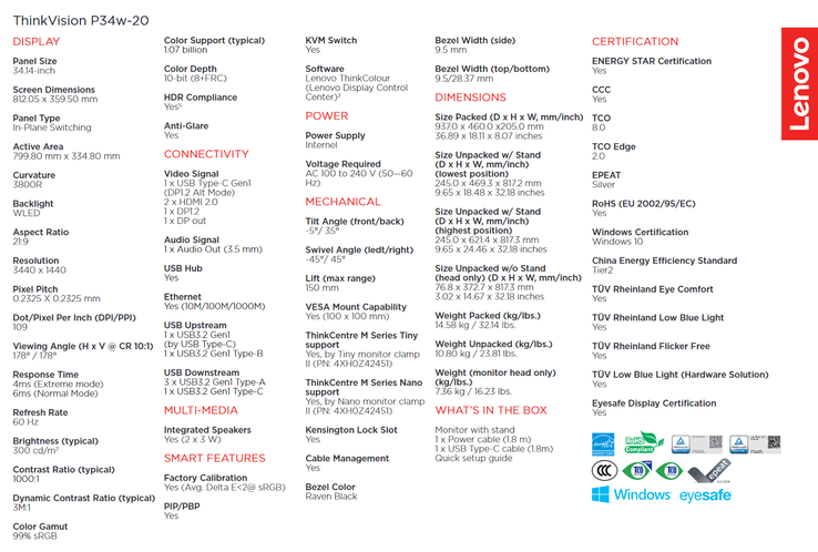 Lenovo ThinkVision P34w-20 specs (image via Lenovo)