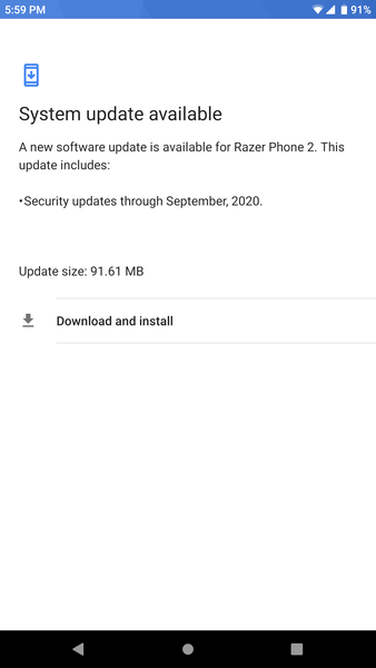 The Razer Phone 2 may have received the September 2020 security patches, but it remains on Android 9.0 Pie. (Image source: r/razerphone)