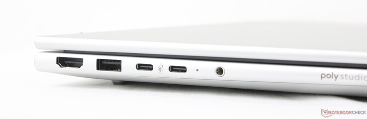 Left: HDMI 2.1, USB-A (5 Gbps), 2x USB-C 4.0 w/ DisplayPort 1.4 + Power Delivery (40 Gbps)