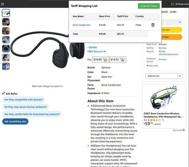 Tariff Shopping List in action on Amazon
