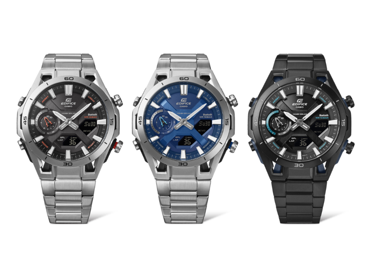 From left to right: the Casio Edifice ECB-2300YD-1A (ECB-2300D-1A), ECB-2300D-2A and ECB-2300YDC-1A (ECB-2300DC-1A) watches. (Image source: Casio)