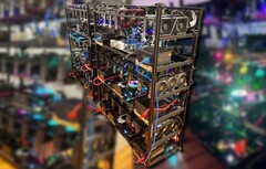 This large crypto mining rig includes two LHR RTX 3060 Ti boards along with both Nvidia and AMD cards. (Image source: Reddit u/miner69niner - edited)