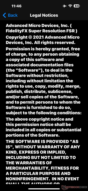 Apple acknowledges the use of AMD's FSR tech in the Legal & Regulatory Notices section of its is software. (Image: Notebookcheck)