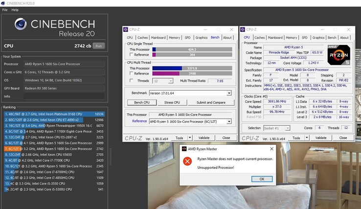 Ryzen 5 1600 AF Cinebench R20 and CPU-Z. (Source: /u/_vogonpoetry_ on Reddit)