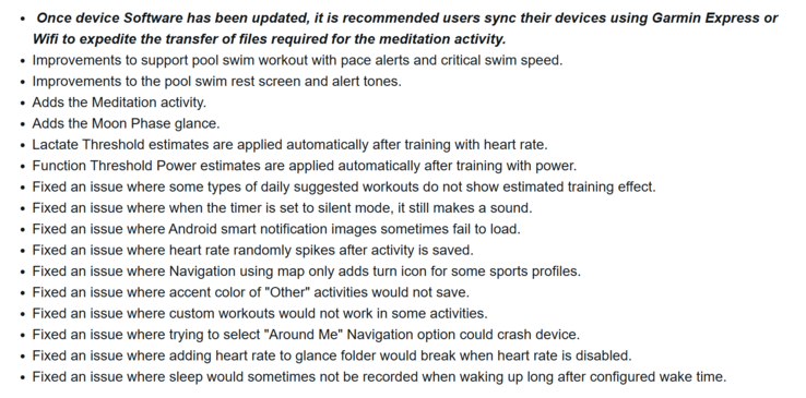 The change log for beta update version 21.16 for some Garmin Forerunner smartwatches. (Image source: Garmin)