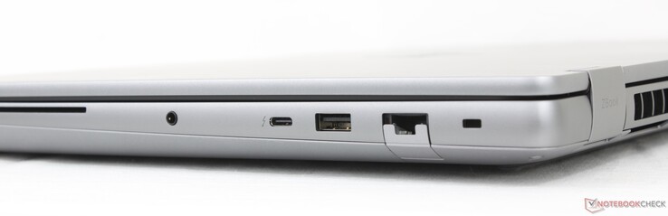 Right: Smart Card reader, 3.5 mm headset, USB-C Thunderbolt 4 w/ DisplayPort 2.1 + Power Delivery (40 Gbps), USB-A (10 Gbps), RJ-56 (2.5 Gbps), Lock slot