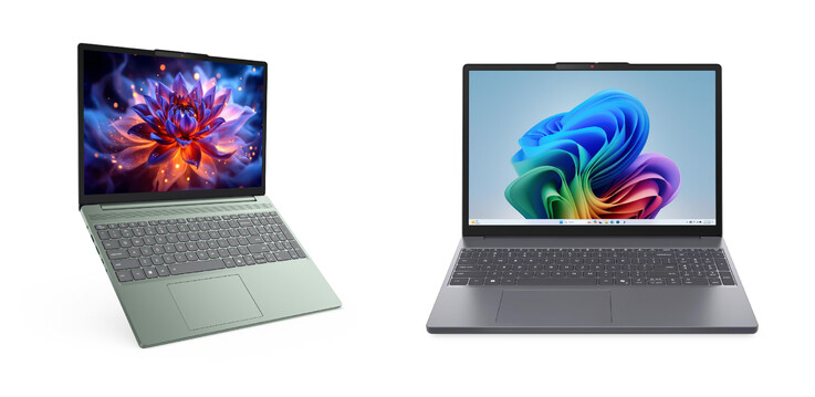 The IdeaPad Slm 3 15IWC11 in its Moss Green and Luna Grey finishes.