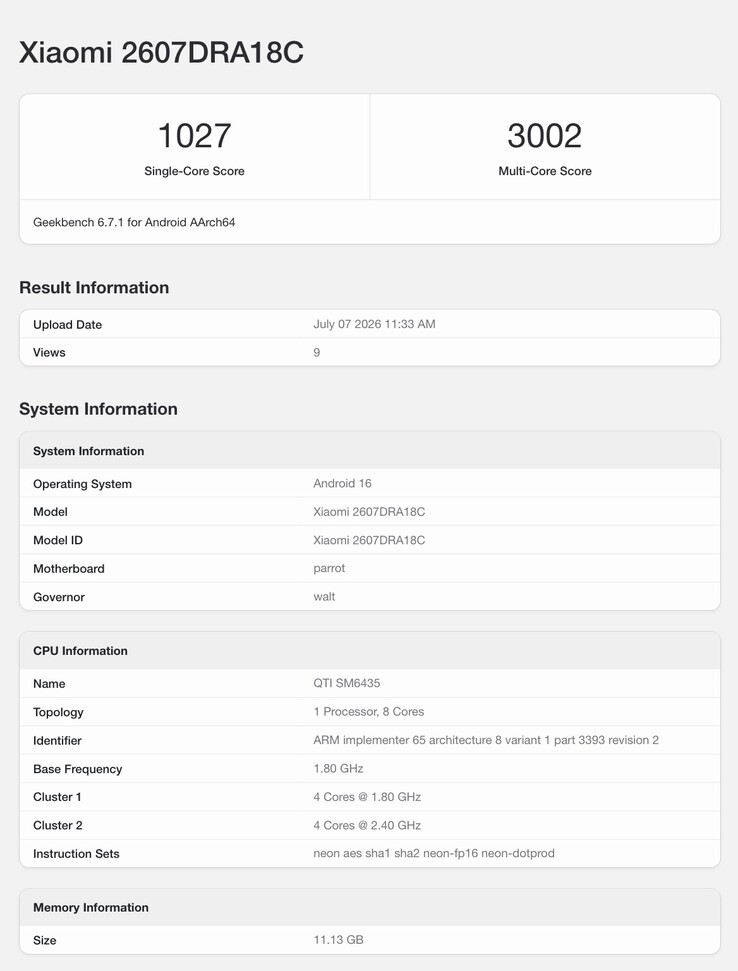 Geekbench listing of upcoming Xiaomi phone.