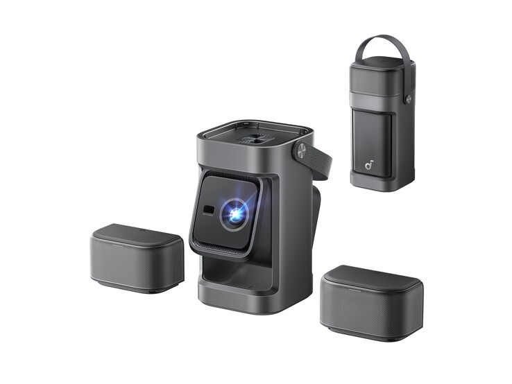 The Soundcore Nebula P1 projector has two detachable 10W speakers, a carrying handle, and a 130-degree dual-arm gimbal. (Image source: Anker)
