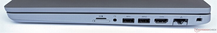 Right: microSD card reader (top), SIM card bay (bottom), 2x USB 3.2 Gen1 type A, HDMI, GigabitLAN, Kensington