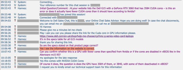 Our chat with the Dell support representative (image via own)