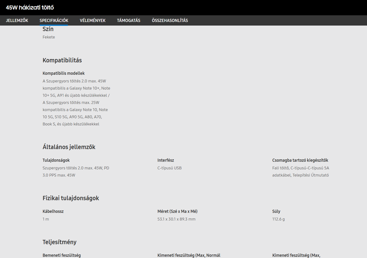 The compatibility section of the Hungarian Samsung 45W charger page. (Source: Samsung)